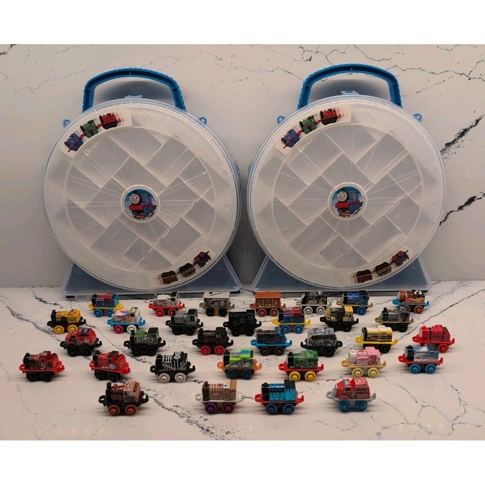 Lot Of 32 Thomas And Friends Mini Trains With 2 Storage Cases